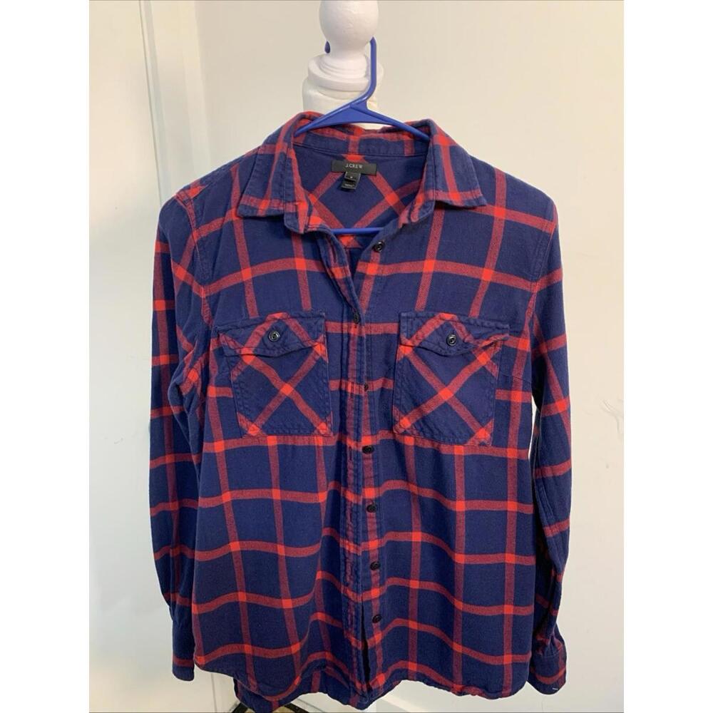 J Crew Medium Classic Flannel Shirt Cotton Blue Red‎ Plaid Style Size 6